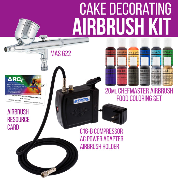 Cake Decorating Airbrushing System Kit with a Set of 12 Food Colors, Air Compressor, and How-To-Airbrush Guide Booklet