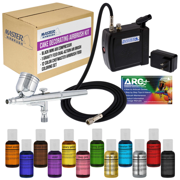 Master Airbrush Cake Decorating Airbrush Kit with Compressor, 12 Color Chefmaster Food Coloring Set, Gravity Feed Dual-Action Air Brush & How-To Manual - Cake Airbrush Kit for Cupcakes, Cookies