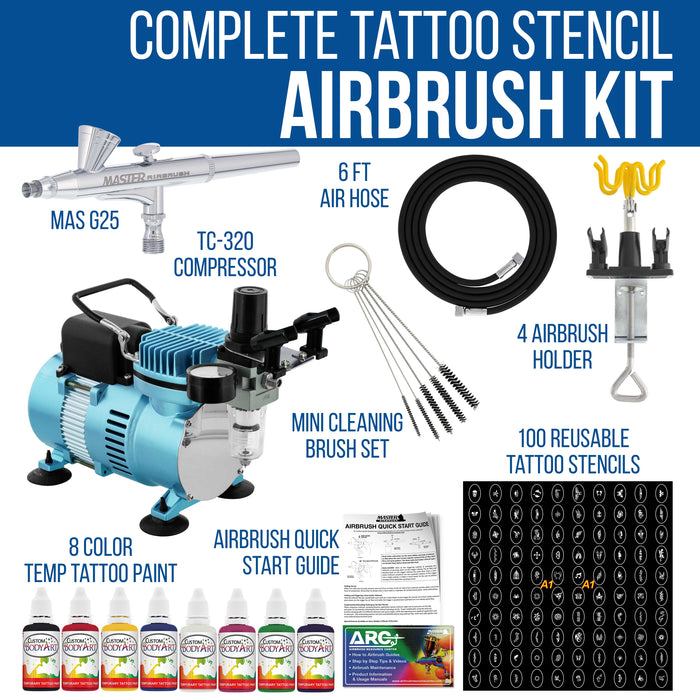 Cool Runner II Dual Fan Air Compressor Custom Body Art System with Gravity Feed Airbrush, 8 Color Temp Tattoo Paint Set, 100 Stencils