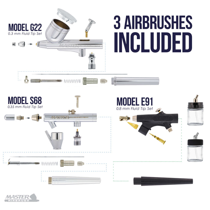 3 Multi-Purpose Master Airbrush Kit with High Performance Compact Airbrush Compressor