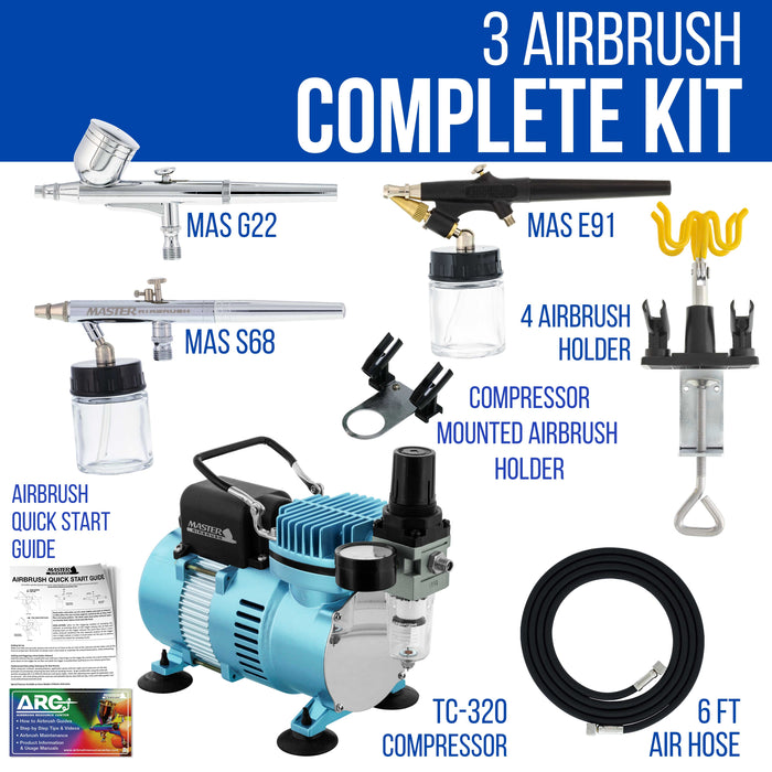 3 Master Airbrush Professional Multi-Purpose Airbrushing System Kit - Hose, Air Compressor, Universal Airbrush Holder - How-To-Airbrush Guide Booklet