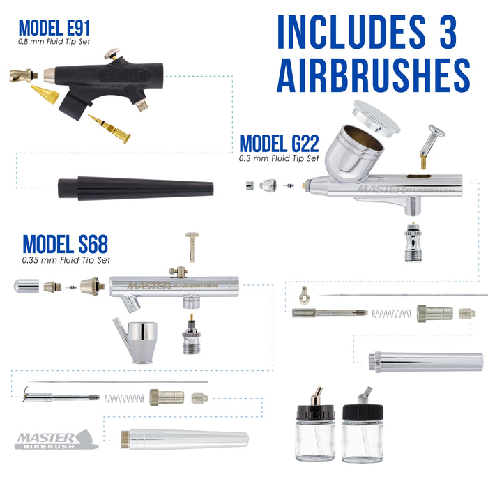 3 Master Airbrush Professional Multi-Purpose Airbrushing System Kit - Hose, Air Compressor, Universal Airbrush Holder - How-To-Airbrush Guide Booklet