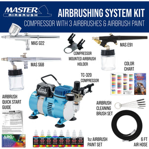 Cool Runner II Airbrush Kit with Dual Fan Air Compressor, 3 Airbrushes, 6 Color Acrylic Paint Set, Cleaning Brushes & How-To Air