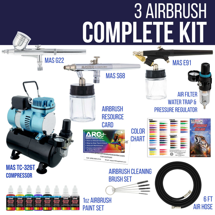 Master Airbrush Multi-Purpose Airbrushing System with 3 Airbrushes, 6 U.S. Art Supply Primary Acrylic Paint Colors, Cool Running Air Compressor