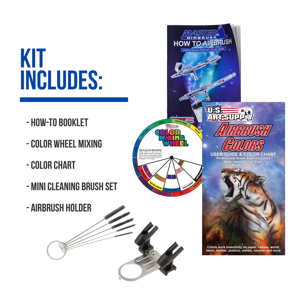 Master Airbrush 1/4 HP Twin Cylinder Airbrush Kit with Cool Running Air Compressor, 3 Liter Air Storage Tank, 3 Airbrushes, 6 Color Acrylic Paint Set, Air Hose, Brushes & How-To Air Brush Manual