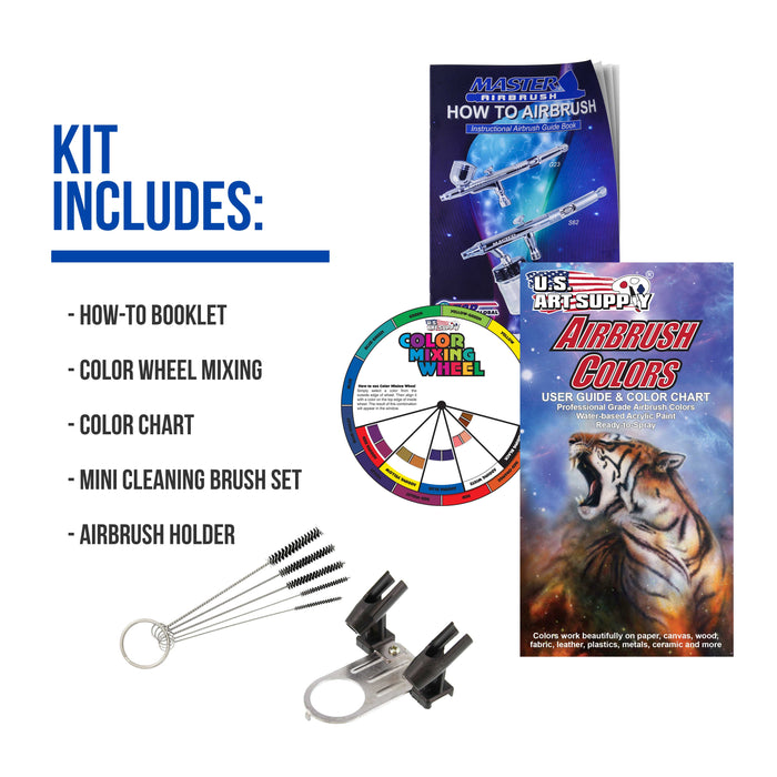 Master Airbrush 1/4 HP Twin Cylinder Airbrush Kit with Cool Running Air Compressor, 3 Liter Air Storage Tank, 3 Airbrushes, 6 Color Acrylic Paint