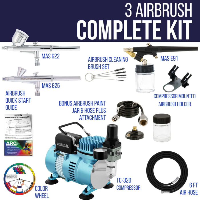 Cool Runner II Dual Fan Air Compressor Airbrushing System Kit with 3 Airbrushes, Gravity and Siphon Feed - Holder, Color Mixing Wheel, How-To Guide