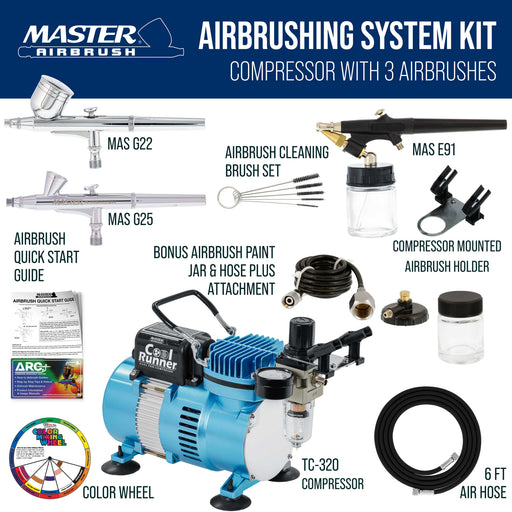 Cool Runner II Airbrush Kit with Dual Fan Air Compressor, 3 Airbrushes, Cleaning Brushes, Holder, Color Mixing Wheel & How-To Air