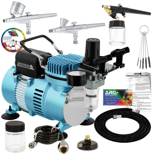 Cool Runner II Dual Fan Air Compressor Airbrushing System Kit with 3 Airbrushes, Gravity and Siphon Feed - Holder, Color Mixing Wheel, How-To Guide