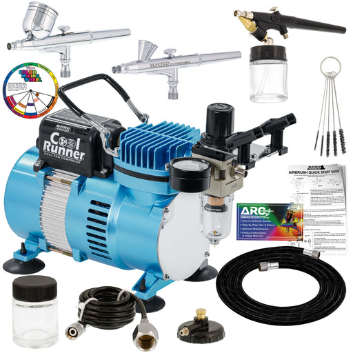 Cool Runner II Airbrush Kit with Dual Fan Air Compressor, 3 Airbrushes, Cleaning Brushes, Holder, Color Mixing Wheel & How-To Air