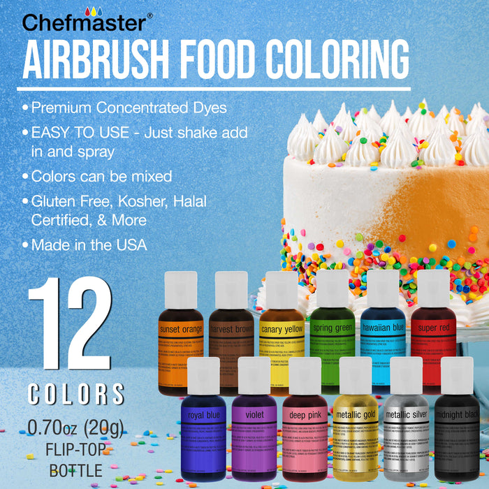 Master Airbrush Cool Runner II Cake Decorating Airbrush Kit with Dual Fan Air Compressor, 12 Color Chefmaster Food Coloring Set, 3 Airbrushes, Cleaning Brushes, Holder & How-To Air Brush Manual
