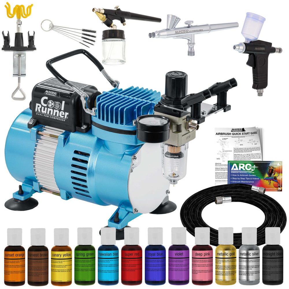 Master Airbrush Cool Runner II Cake Decorating Airbrush Kit with Dual Fan Air Compressor, 12 Color Chefmaster Food Coloring Set, 3 Airbrushes, Cleaning Brushes, Holder & How-To Air Brush Manual