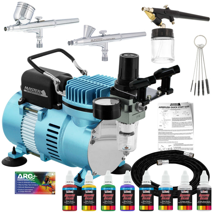 Cool Runner II Dual Fan Air Compressor Airbrushing System Kit with 3 Airbrushes, 6 Primary Opaque Colors Acrylic Paint Artist Set - How To Guide