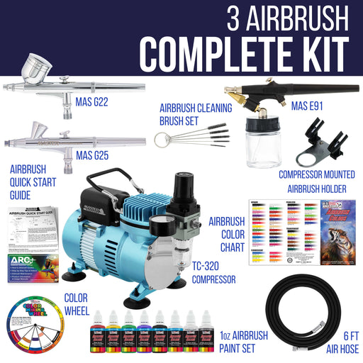 Cool Runner II Dual Fan Air Compressor Airbrushing System with 3 Airbrushes - 6 Primary Opaque Colors Acrylic Paint - How To Guide