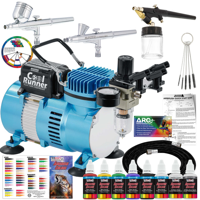 Cool Runner II Dual Fan Air Compressor Airbrushing System with 3 Airbrushes - 6 Primary Opaque Colors Acrylic Paint - How To Guide