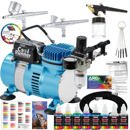 Cool Runner II with Air Compressor Dual Fan, 3 Airbrushes, 6 Color Acrylic Paint Set, Hose, Brushes & Learning Guide Manual for