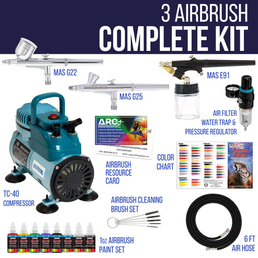 3 Airbrush Professional Acrylic Paint Airbrushing System Kit with Powerful Cool Running Air Compressor - 6 Primary Opaque Paint Colors Set