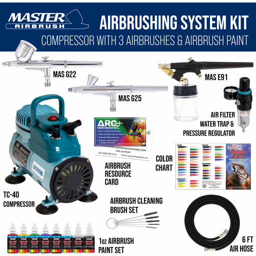 Master Airbrush Cool Runner II Air Brush Kit with Air Compressor Dual Fan, 3 Airbrushes, 6 Color Acrylic Paint Set, Hose, Brushes & Learning Guide Manual for Crafts, Auto, Tattoo & Model Painting