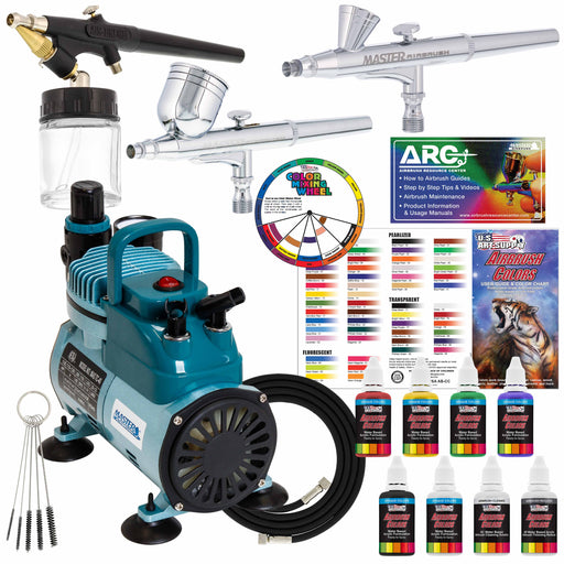 Master Airbrush Cool Runner II Air Brush Kit with Air Compressor Dual Fan, 3 Airbrushes, 6 Color Acrylic Paint Set, Hose, Brushes & Learning Guide Manual for Crafts, Auto, Tattoo & Model Painting