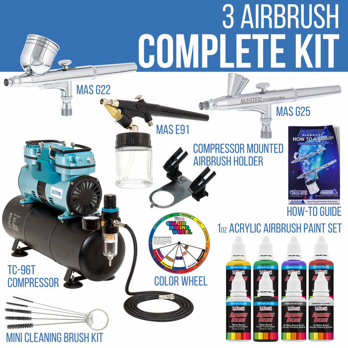 3 Airbrushing System with 6 Colors Acrylic Set - Air Compressor