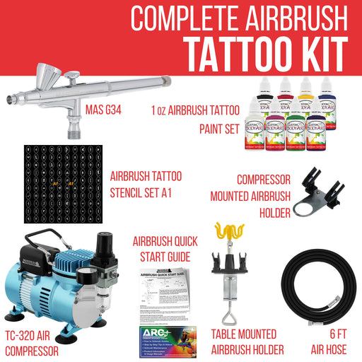Custom Body Art System Kit with Cool Runner II Dual Fan Air Compressor, Gravity Airbrush, 8 Color Temp Tattoo Paint Set, 100 Stencils, How To Guide