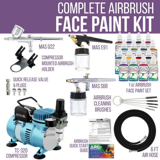 Master Airbrush Cool Runner II Airbrush Kit with Dual Fan Air Compressor, 16 Color Water-Based Face & Body Art Paint Set, 3 Airbrushes, Cleaning Brushes & Washable Temporary Tattoo, How-to Guide