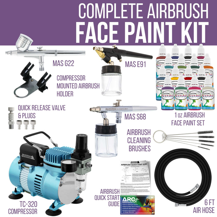 Professional 3 Airbrushing System Kit with 16 Color Water-Based Face & Body Paint Set, Cool Runner II Dual Fan Air Compressor