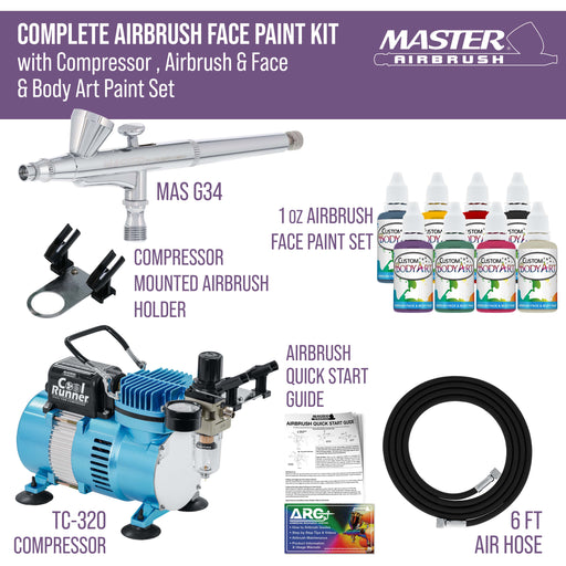 Master Airbrush Cool Runner II Airbrush Kit with Dual Fan Air Compressor, 8 Color Water-Based Face & Body Art Paint Set, Pro Gravity Airbrush & Washable Temporary Tattoo, How-to Guide