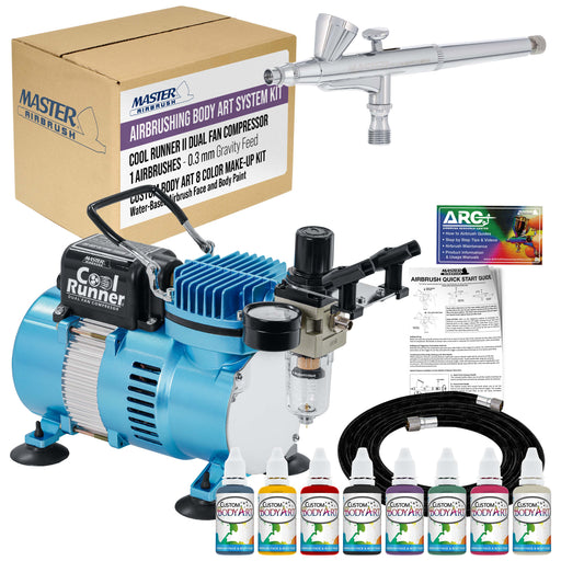 Cool Runner II Airbrush Kit with Dual Fan Air Compressor, 8 Color Water-Based Face & Body Art Paint Set, Pro Gravity Airbrush &