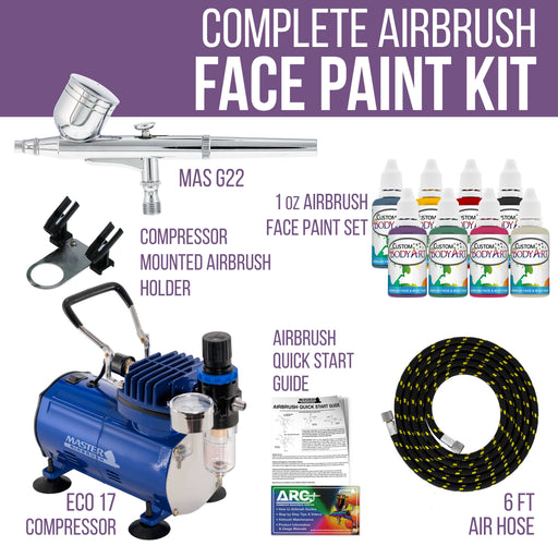 Face & Body Art Airbrush Kit with G22 Airbrush, Single-Piston Airbrush Air Compressor, Air Hose & 8 Custom Body Art Water Based Face Paint Colors