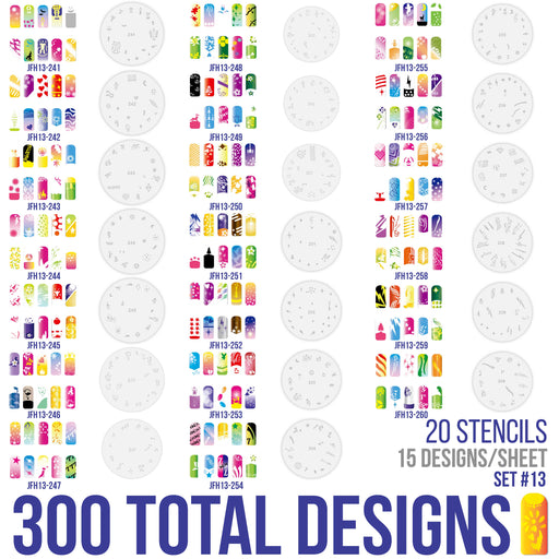 Airbrush Nail Stencils - Design Series Set # 13 Includes 20 Individual Nail Templates with 17 Designs each for a total of 340 Designs of Series #13