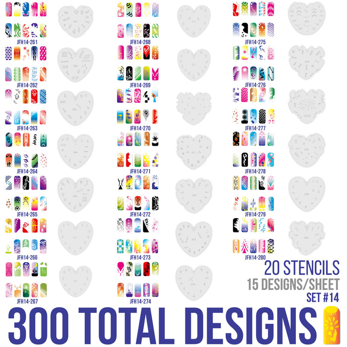 Airbrush Nail Stencils - Design Series Set # 14 Includes 20 Individual Nail Templates with 16 Designs each for a total of 320 Designs of Series #14