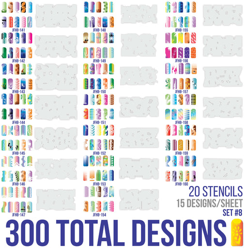 Airbrush Nail Stencils - Design Series Set # 8 Includes 20 Individual Nail Templates with 16 Designs each for a total of 320 Designs of Series #8