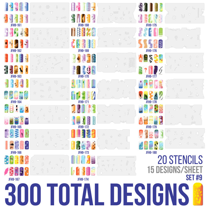 Airbrush Nail Stencils - Design Series Set # 9 Includes 20 Individual Nail Templates with 15 Designs each for a total of 300 Designs of Series #9