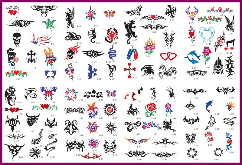 Temporary Tattoo Stencils Booklet Set 1 with 100 Different Self-Adhesive Reusable Stencil Designs