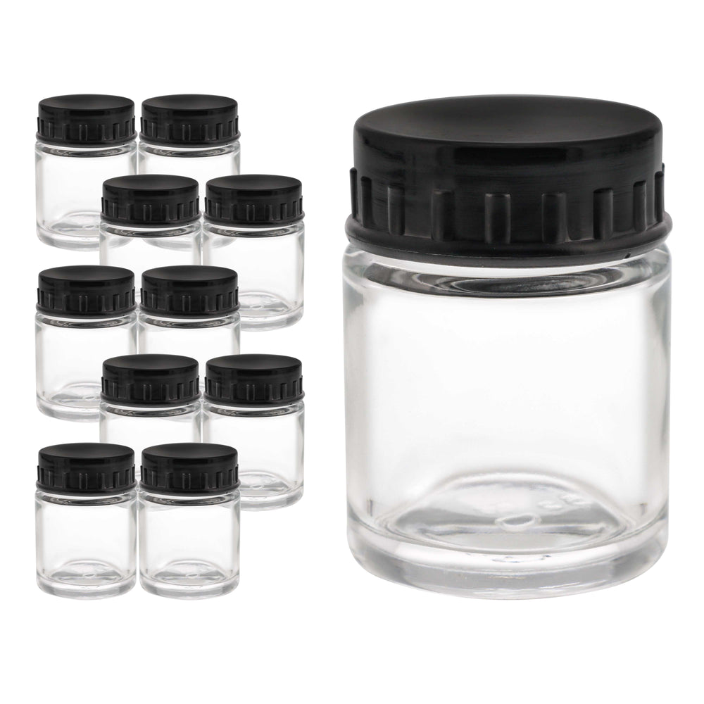 10 Pack TB-001 Empty 3/4 Ounce (22cc) Glass Jar Bottles with Plastic Lids, Paint Storage Bottles, Jars Screw Into Siphon Feed Airbrush Lid Assemblies