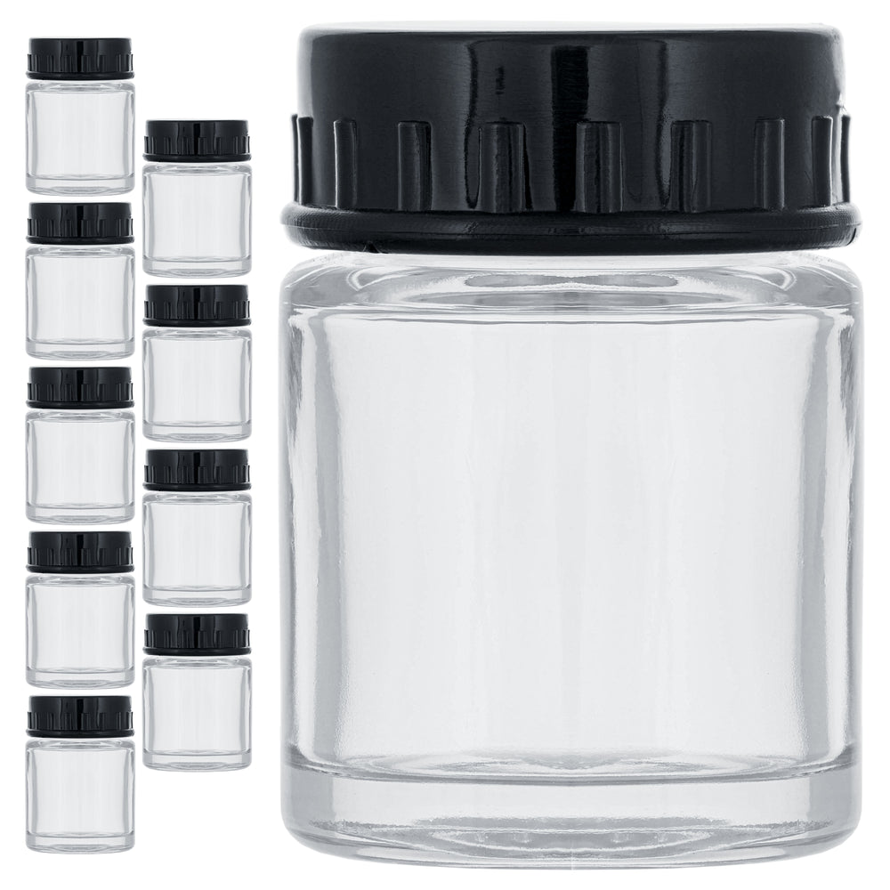 10 Pack TB-001 Empty 3/4 Ounce (22cc) Glass Jar Bottles with Plastic Lids, Paint Storage Bottles, Jars Screw Into Siphon Feed Airbrush Lid Assemblies