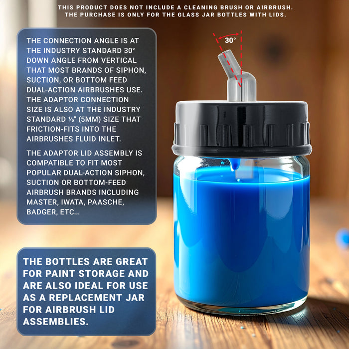 10 Pack of Master Airbrush TB-002 3/4 oz Glass Jar Bottles with 30 degree Down Angle Adaptor Lid Assembly - Dual-Action Siphon