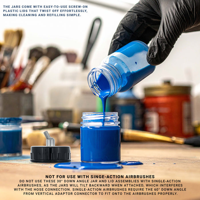 10 Pack of Master Airbrush TB-002 3/4 oz Glass Jar Bottles with 30 degree Down Angle Adaptor Lid Assembly - Dual-Action Siphon