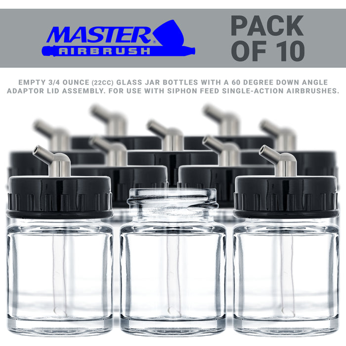 10 Pack Master Airbrush TB-003, 3/4 oz Glass Jar Bottles with 60 degree Down Angle Adaptor Lid Assembly, Single-Action Siphon