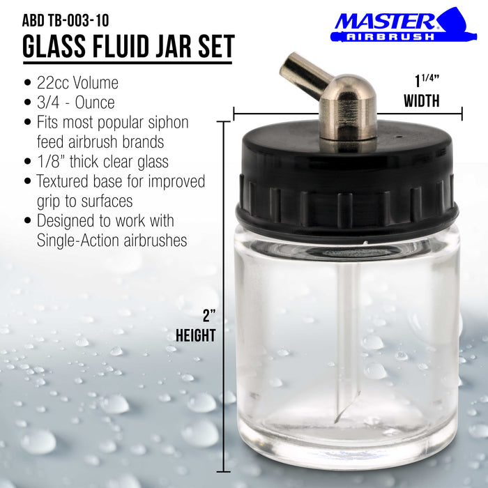 10 Pack Master Airbrush TB-003, 3/4 oz Glass Jar Bottles with 60 degree Down Angle Adaptor Lid Assembly, Single-Action Siphon