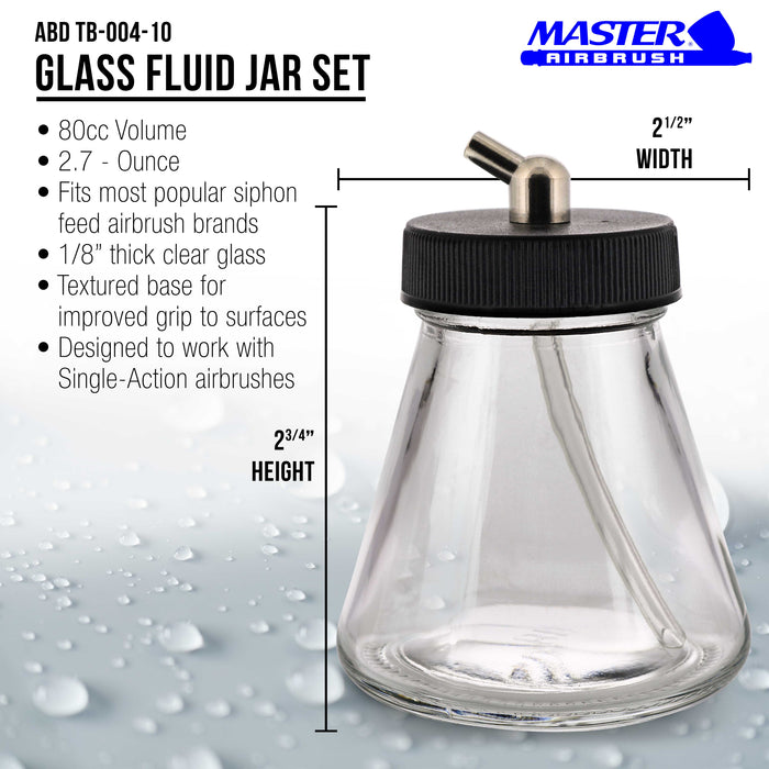 10 Pack Master Airbrush TB-004, 2.7 oz Glass Jar Bottles with 60 Degree Down Angle Adaptor Lid Assembly, Single-Action Siphon