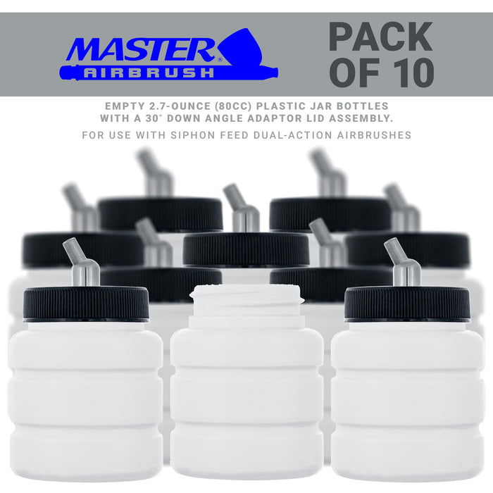 10 Pack Master Airbrush TB-006, 2.7 oz Plastic Jar Bottles with 30 degree Down Angle Adaptor Lid Assembly, Dual-Action Siphon