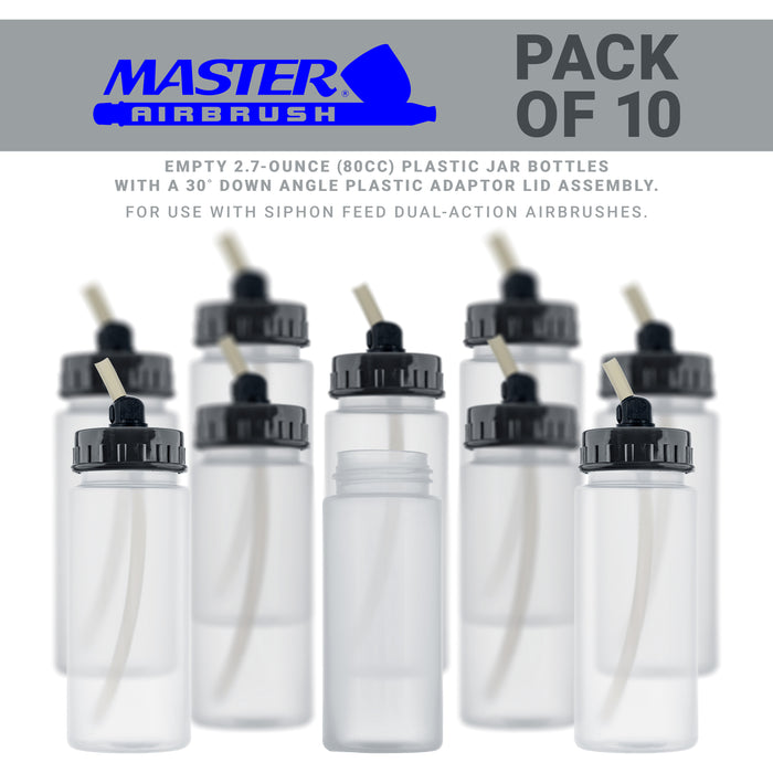 10 Pack Master Airbrush TB-008, 2.7oz Plastic Jar Bottles with 30° degrees Down Angle Adaptor Lid Assembly, Single-Action Siphon
