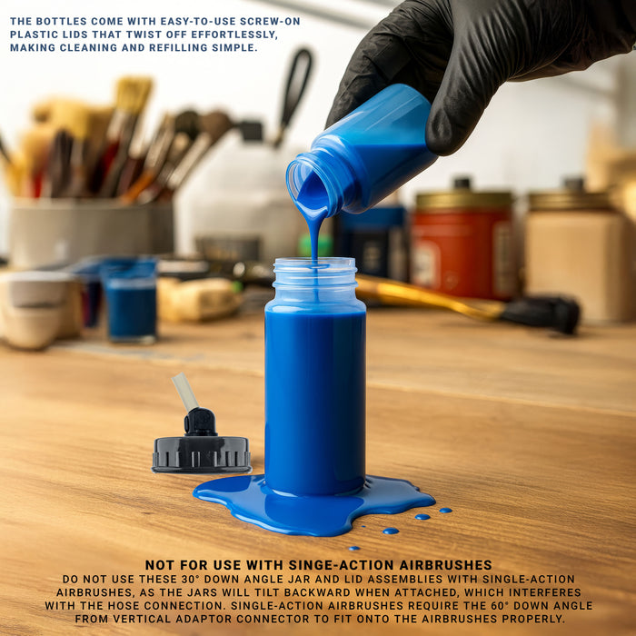 10 Pack Master Airbrush TB-008, 2.7oz Plastic Jar Bottles with 30° degrees Down Angle Adaptor Lid Assembly, Single-Action Siphon