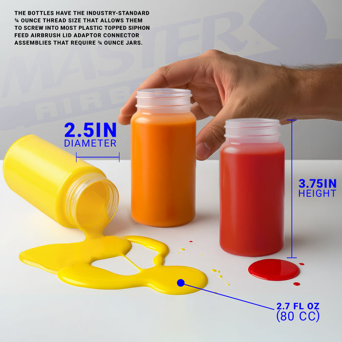 10 Pack Master Airbrush TB-008, 2.7oz Plastic Jar Bottles with 30° degrees Down Angle Adaptor Lid Assembly, Single-Action Siphon