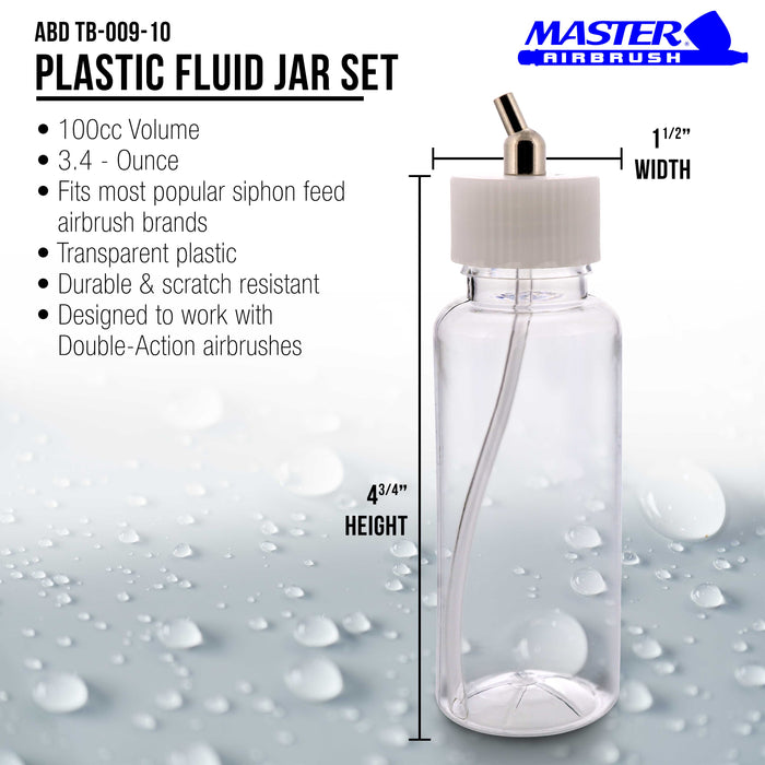 10 Pack Master Airbrush TB-009, 3.4oz Plastic Jar Bottles with 30 Degrees Down Angle Adaptor Lid Assembly, Dual-Action Siphon