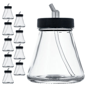(Pack of 10) TB-010 Empty 2.7-Ounce (80cc) Glass Jar Bottles with 30 Degree­ Down Angle Adaptor Lid Assembly - Fits Dual-Action Siphon Feed Airbrushes