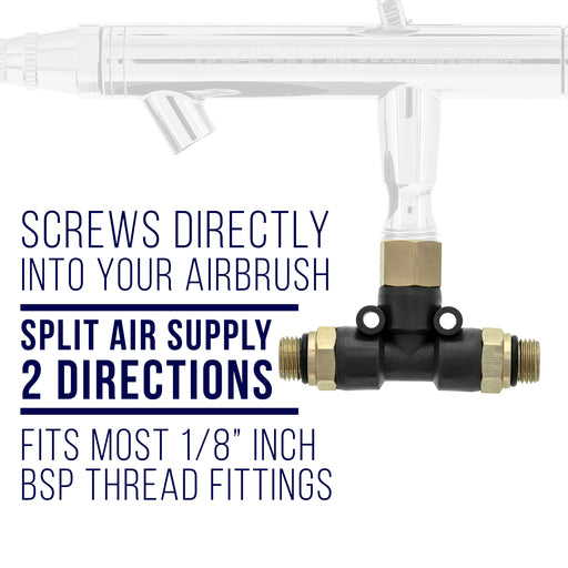 2 Way Airbrush Air Hose Splitter Manifold with 1/8" BSP Fittings; 2 Male Air Outlets and 1 Female Air Inlet