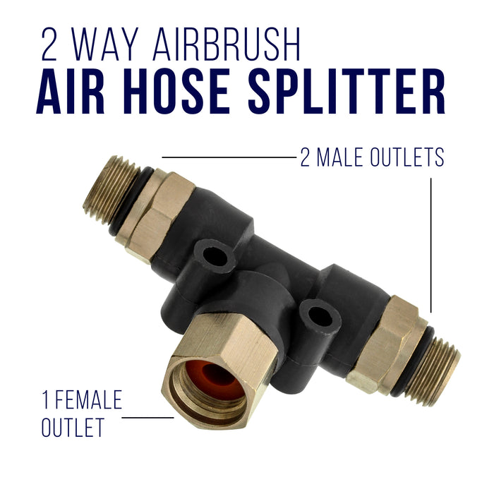 2 Way Airbrush Air Hose Splitter Manifold with 1/8" BSP Fittings; 2 Male Air Outlets and 1 Female Air Inlet